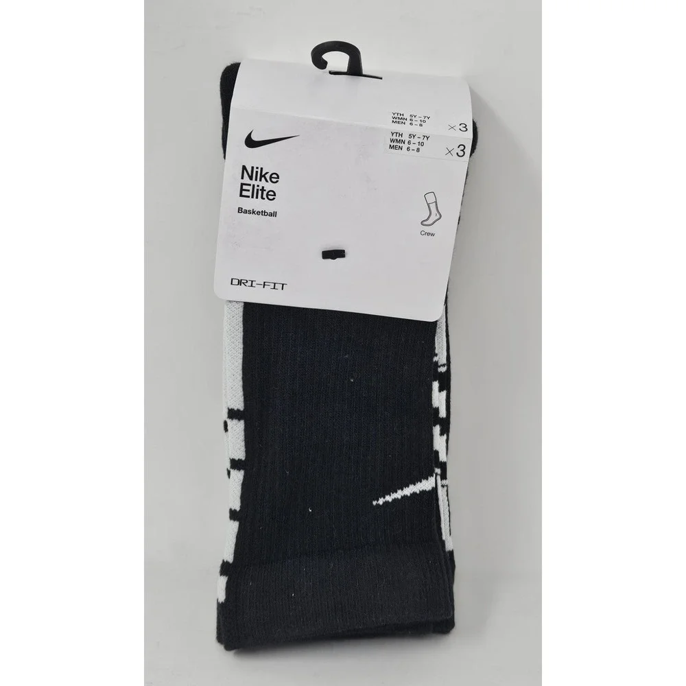 Nike Elite Boys Basketball Crew Socks Black 3-Pack Sz MED 5Y-7Y New w/BLEM